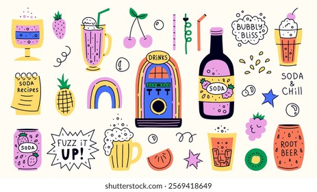 Retro Cold Drinks Vector Set. Hand drawn illustrations of vintage beverage cocktail soda lemonade root beer in glass bottle mug can stickers