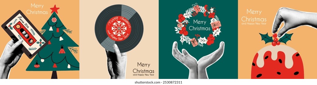 Retro collage 90s style with Christmas elements. Vintage cards. New Year set with halftone effect. Hand holding vinyl record, audio cassette.