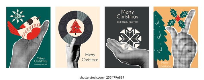 Retro collage 90s style with Christmas elements. Vintage cards. New Year set with halftone effect. Hand holding snowflake, vinyl record, bird and holly
