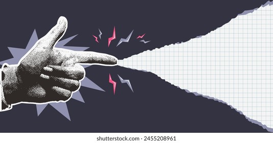 Retro collage background with halftone human hand pointing to ripped notebook paper. Trendy vintage vector design concept. Modern retro dots illustration. 