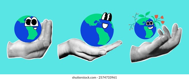 Retro collage with cartoon Earth and halftone hands. Love and protect planet conceptual vector elements. 