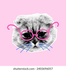 Retro collage with cat heads with halftone effect. Funny kitten with emotions, doodle elements. Vector grunge punk crazy art templates.