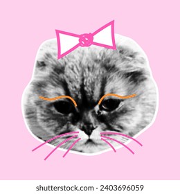 Retro collage with cat heads with halftone effect. Funny kitten with emotions, doodle elements. Vector grunge punk crazy art templates.