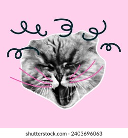 Retro collage with cat heads with halftone effect. Funny kitten with emotions, doodle elements. Vector grunge punk crazy art templates.