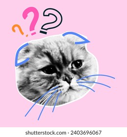 Retro collage with cat heads with halftone effect. Funny kitten with emotions, doodle elements. Vector grunge punk crazy art templates.