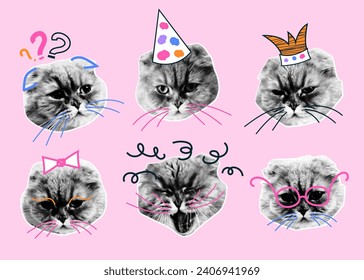 Retro collage with cat heads with halftone effect. Funny kitten with emotions, doodle elements. Vector grunge punk crazy art templates.