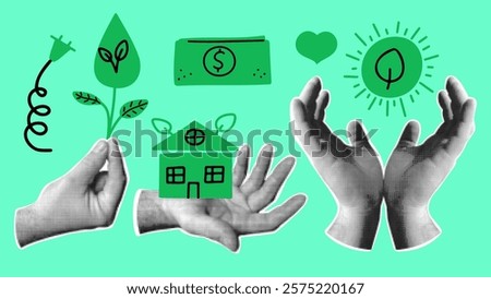 Retro collage the concept of ESG - Environmental, social, and corporate governance. Green business and sustainable set. Vector elements