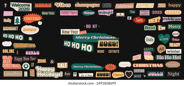 Retro collage cutout magazine words with a Christmas and New Year's theme. Vintage various clipping scrapbook text elements with a paper edge ripped. Trendy ransom letters for grunge design.