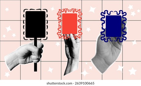 Retro collage design element with different picture frames. Halftone hands with decorative elements in black, red and blue. 