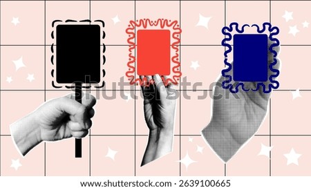 Retro collage design element with different picture frames. Halftone hands with decorative elements in black, red and blue. 
