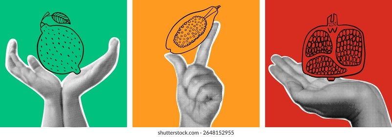 Diseño de collage retro con manos de medio tono que sostienen ilustraciones vibrantes de una lima, papaya y granada. Plantillas elegantes para postales, carteles