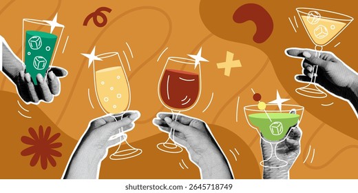 Retro collage. Dot halftone hands with wine. Arms hold cocktail glasses. Party cheers. Fun vintage cutout design. bar beverage. Celebrating friendship. Martini toasts. Event poster. Vector tidy card