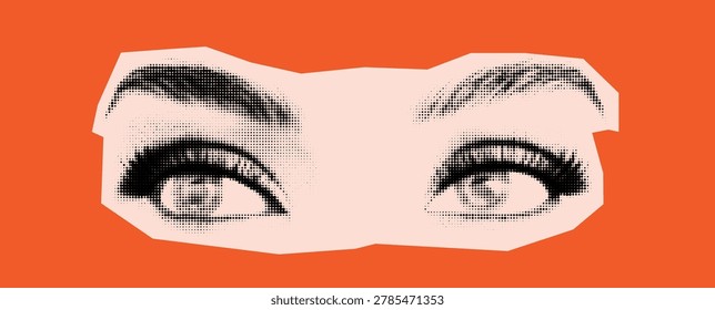 Retro collage dot halftone pattern. Bold halftone depiction of open eyes with lashes and brows, against orange. Beautiful halftone female eyes. Halftone dotted human sight retro cutout style.