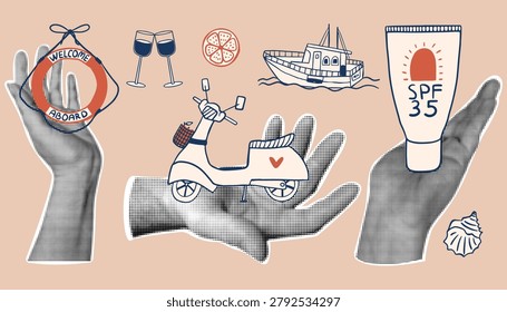 Retro collage elements with halfone hands and summer elements including  scooter, boat and sunscreen, lifebuoy, wine and shell. Vacation design