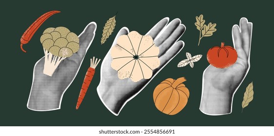 Retro collage elements with vegetables, peppers, broccoli, tomato, zucchini, chilli papper. Halftone hands in vintage style