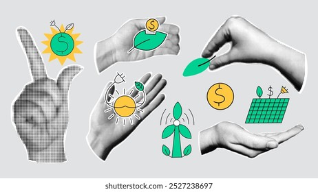 Retro collage ESG concept. Halfton hands, green energy. Set of stickers for business. Seth on caring for the environment