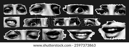 Retro collage featuring cut out eyes and lips with torn edges, showcasing diverse expressions and emotions in a distinctive artistic style