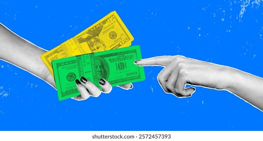 Retro collage featuring hands exchanging colorful paper money against a vibrant blue backdrop, capturing the essence of financial transactions in an artistic and imaginative manner.