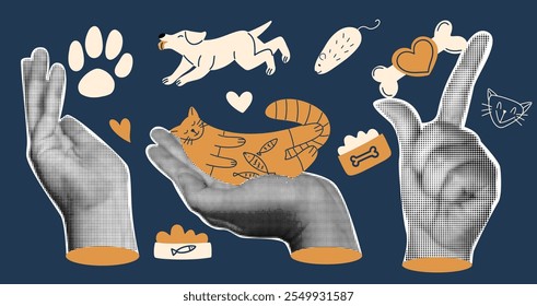 Collage retro con animales divertidos, perro y gato. Elementos semitono divertido con mascota. Ilustración vectorial.