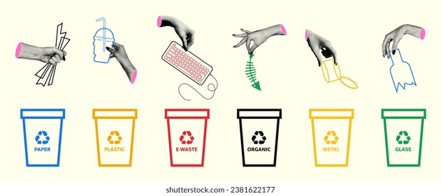 Retro collage of garbage sorting. Waste sorting bins. Badge for definitely trash. Vector illustration in 90s retro style. Hold various garbage in your hand.