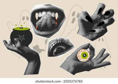 Retro collage halftone elements, mouth, teeth, eye, hands.  Vector 
