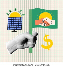 Retro collage with halftone hand for clean energy campaigns, environmental partnerships and green business.  