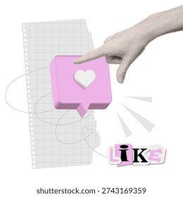 Retro collage halftone hand pressing 3D pink like button with grid paper and LIKE sticker. Pop art blogging concept for social media engagement, influencer posts and digital marketing content. Vector