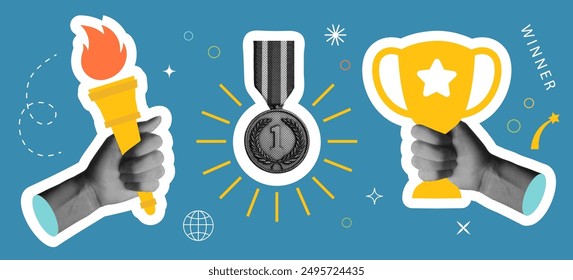 Retro Collage with halftone hands, champion's cup, medal, Olympic flame. Modern vector illustrations. Set of fashionable design elements for banners, posters and more.