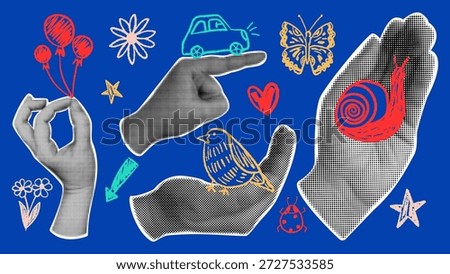 Retro collage with halftone hands and children's drawings in a naive style drawn with colored pencils.