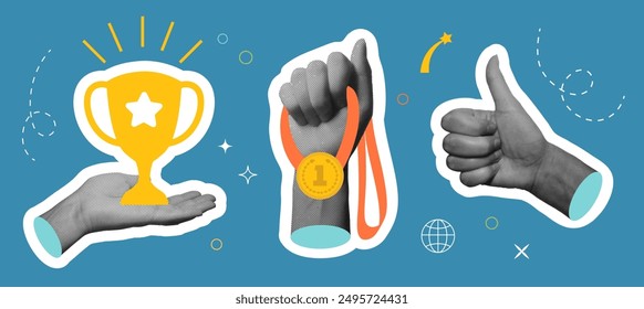 Collage retro con las manos del medio tono, taza, medalla, pulgares para arriba. Ilustraciones vectoriales modernas. Conjunto de Elementos de diseño de moda para Anuncios, carteles y más.