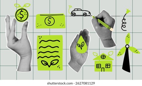 Retro collage with halftone hands and green eco-friendly design elements. Sustainable renewable energy. Green technologies and financial growth
