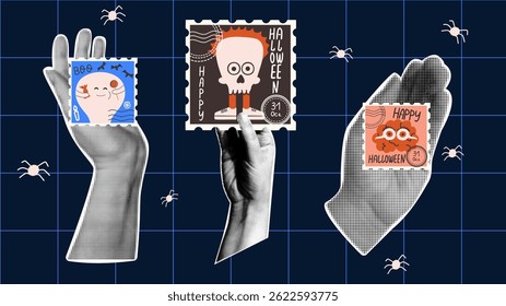Retro collage with halftone hands holding postage stamps with Halloween funny cartoon characters.