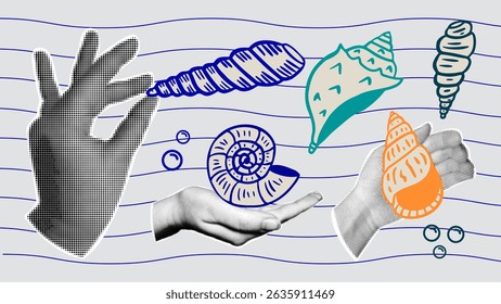 Colagem retrô com mãos de meio-tom, mar e conchas do oceano em estilo desenhado à mão.