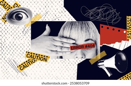 Retro collage in halftones with a girl, a hand, and eyes. Propaganda on social networks, a error. The concept of online marketing and promotion. Vector.