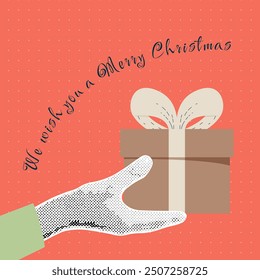 Retro collage with hand and cozy gift box with bow. Halftone collage and doodle vector poster, banner, card, flyer. We wish you a Merry Christmas. Holiday concept