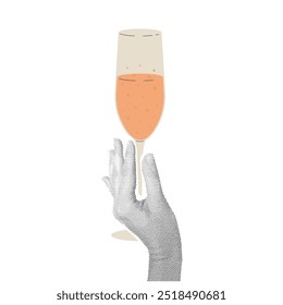 Retro collage with hand hold glass of champagne wine. Halftone collage and doodle vector illustration on transparent background. Holiday concept