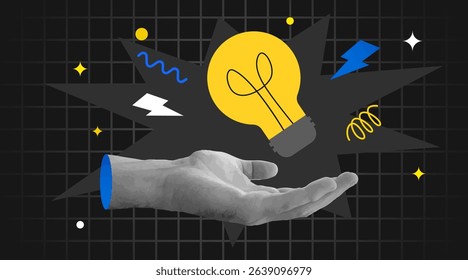 Retro collage. Hand hold light bulb. Brainstorm or idea concept. Vector illustration