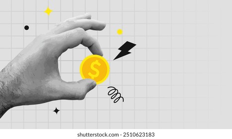 Collage retro. Mano para sostener el dinero. Concepto de ingresos o inversión. Ilustración vectorial