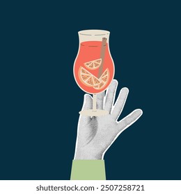 Retro collage with hand holding glass of mulled wine. Halftone collage and doodle vector illustration on dark background. New Year, Christmas, Birthday and other holiday concept