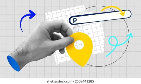 Retro collage with hand holding map marker with search bar. Vector illustration