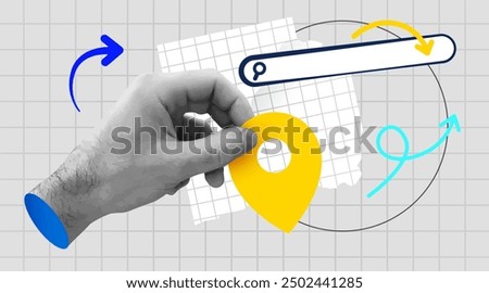 Retro collage with hand holding map marker with search bar. Vector illustration