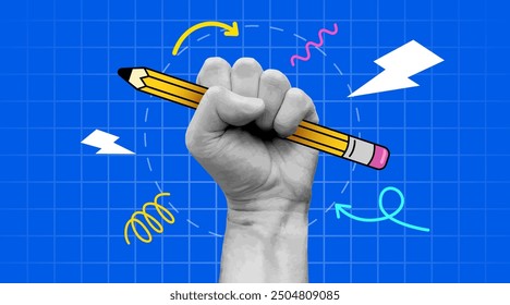 Retro collage hand holding a pencil. Banner with education conception. Back to school. Contemporary vector illustration.