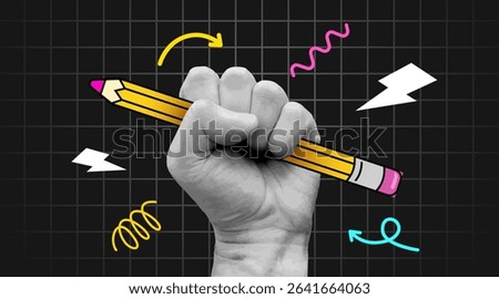 Retro collage hand holding a pencil. Banner with education conception. Back to school. Contemporary vector illustration.