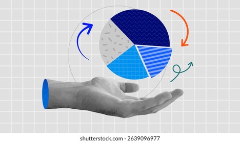 Retro collage hand holding pie chart diagram. Business data and market share concept. Modern retro grunge. Vector illustration