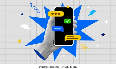 Retro collage. Hand holding smartphone with cat bubbles. Vector illustration