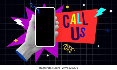 Retro collage. Hand holding smartphone. Call us. Vector illustration