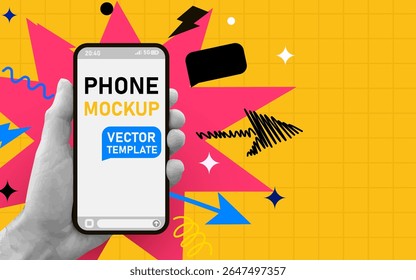 Retro collage. Hand holding smartphone. Vector illustration