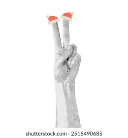 Retro collage with hand showing V gesture with Santa Claus hats on fingers. Halftone collage, doodle vector illustration on transparent background. New Year, Christmas holiday concept