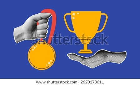 Retro collage with hands and awards. Halftone hand holds medal and winner cup.