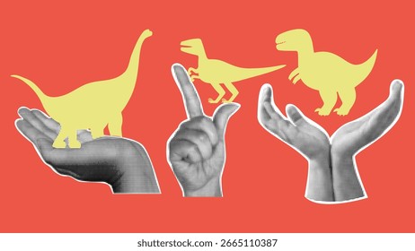 Collage retro con manos y siluetas de dinosaurios. Elementos para carteles, medios impresos, fondo.
